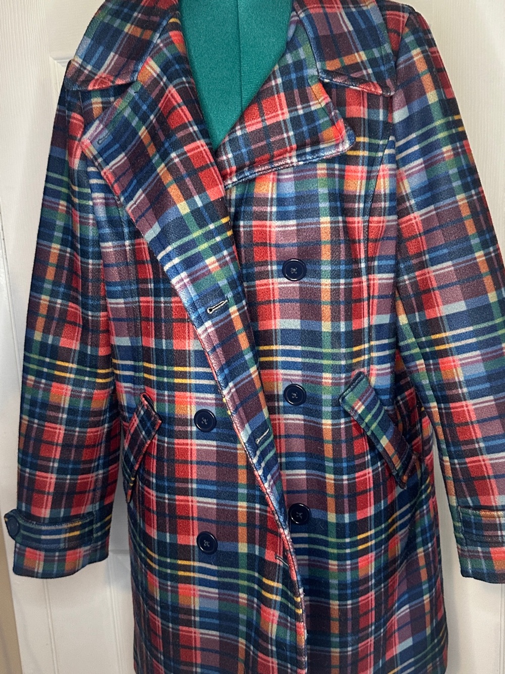 Time and Tru Red Navy Green Plaid Double-Breasted Peacoat with Yellow Accents